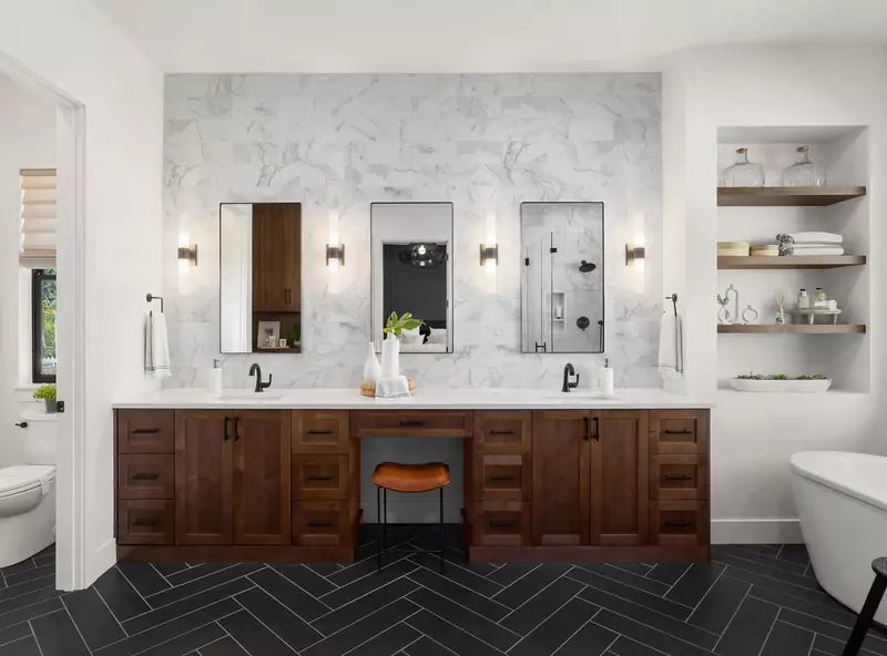 Dual Sinks with Three Mirrors in Luxury Bathroom Remodel in Washoe County