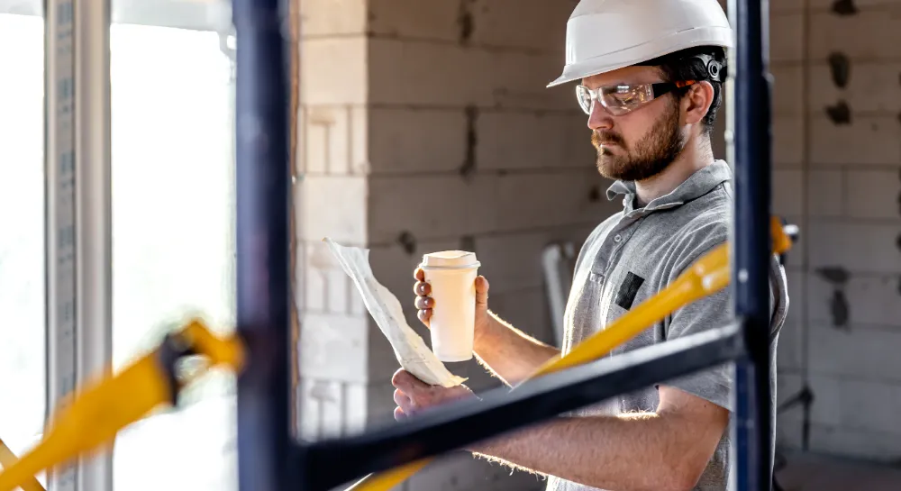 Construction worker reviewing plans on-site to ensure accurate budgeting before remodeling work begins.